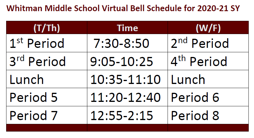 WWMS Virtual Bell Schedule for 2020 | Whitman Middle School